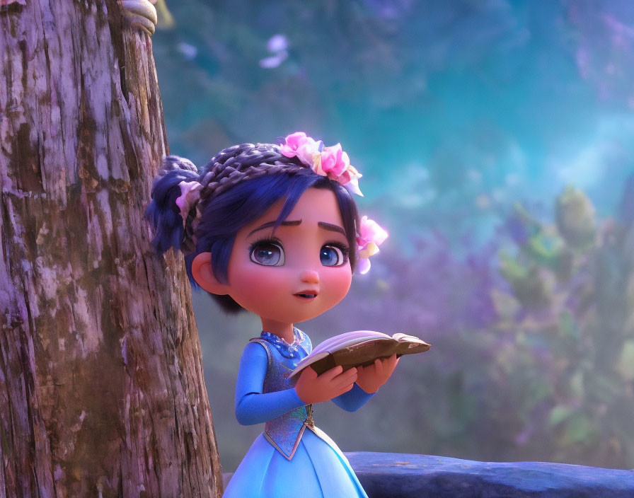 Young girl with expressive eyes reading in enchanted forest setting
