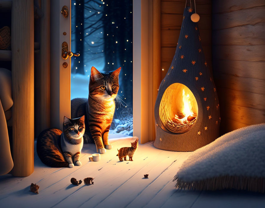 Three Cats Curiously Observing Glowing Candle in Starry Lantern by Snowy Window