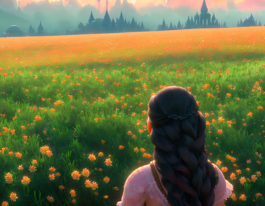 Braided Woman Watching Sunset over Orange Flower Field