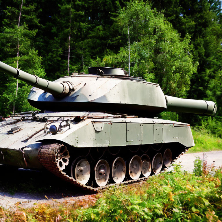 Green Camouflage Military Tank Parked in Forest Clearing