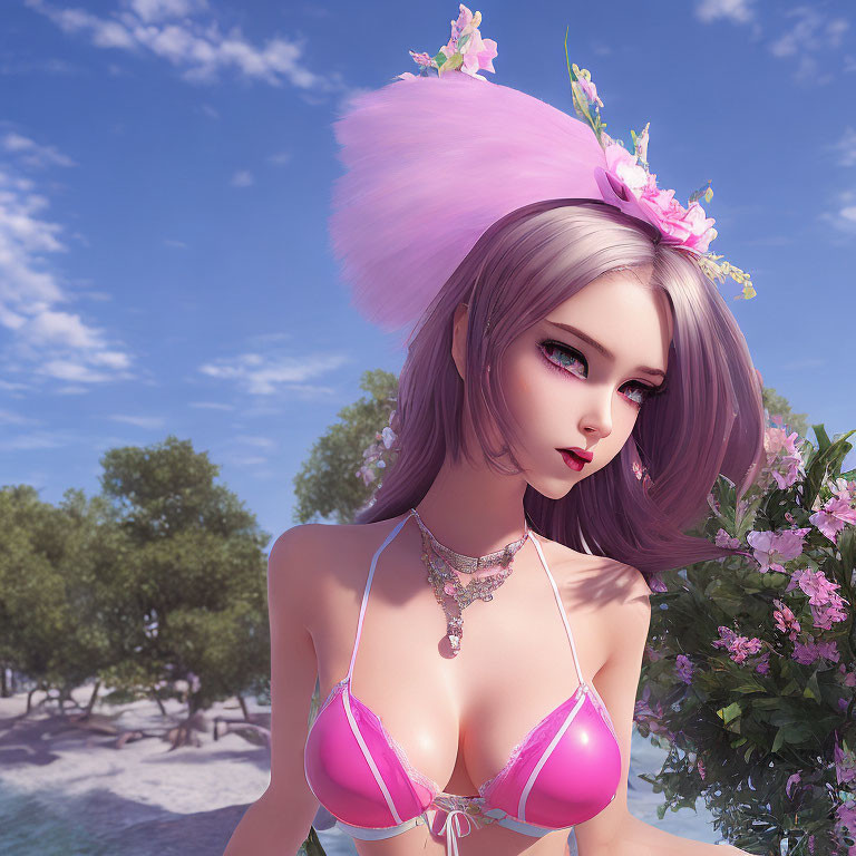 3D rendering of female character with grey hair and pink accessory on sunny beach