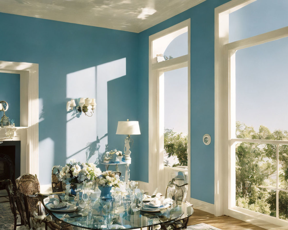 Elegant dining setup in a sunny room with blue walls