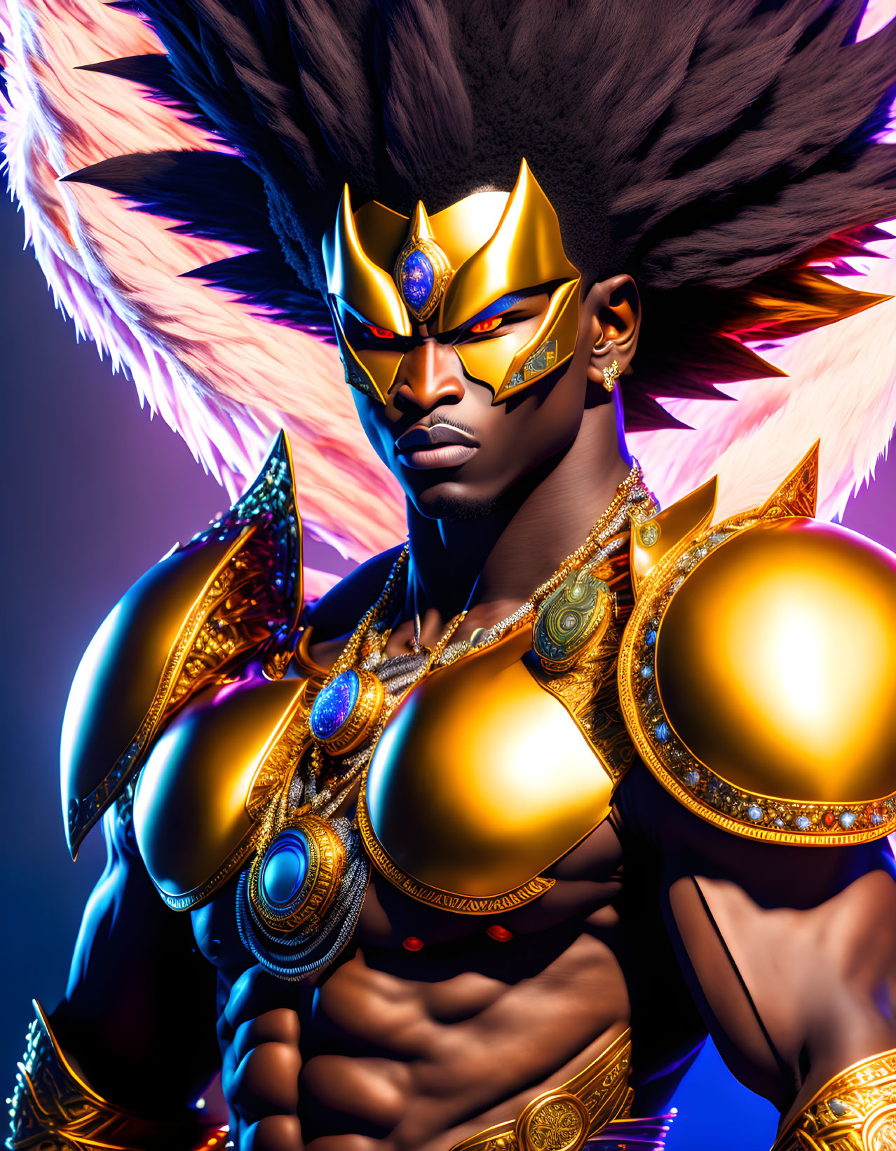 Person in Golden Crown and Blue Armor with Feathered Headdress in Dramatic Pose
