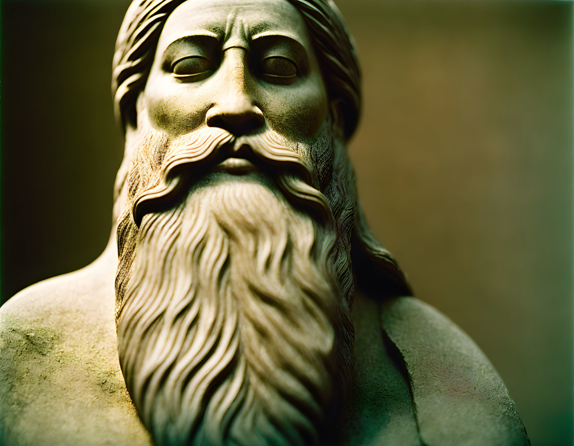 Detailed close-up of classical statue's bearded man bust.