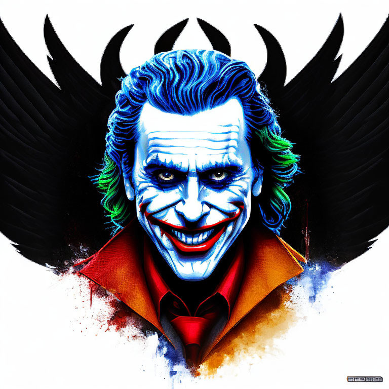 Colorful Joker artwork with wide grin and dark wings in the background