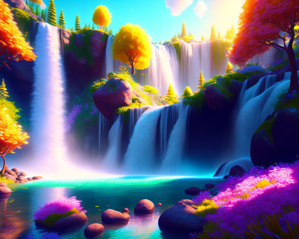 Colorful Landscape with Waterfalls, Autumn Trees, River, and Flowering Plants