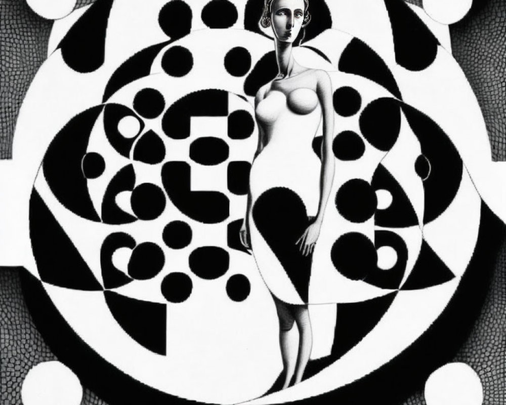 Abstract black and white surreal image of woman with exaggerated features in circular pattern