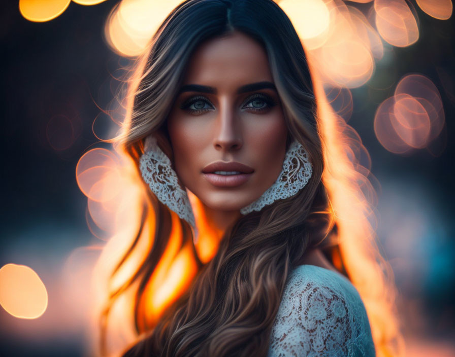 Portrait of woman with blue eyes in white lace, soft bokeh lights