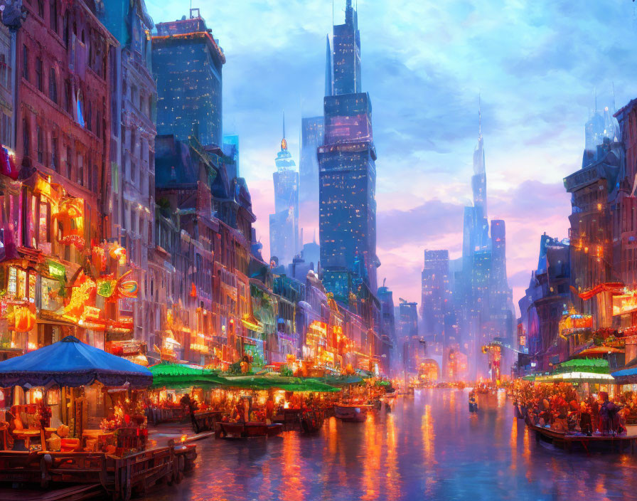 Cityscape at Dusk: Vibrant Neon Signs & Traditional Buildings