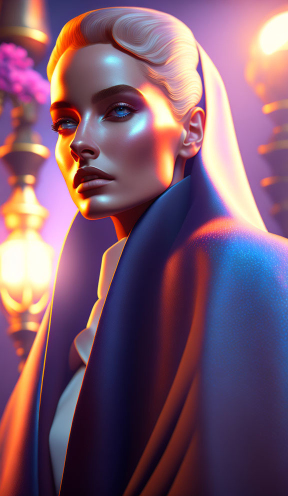 Futuristic woman in blue cloak under warm lights
