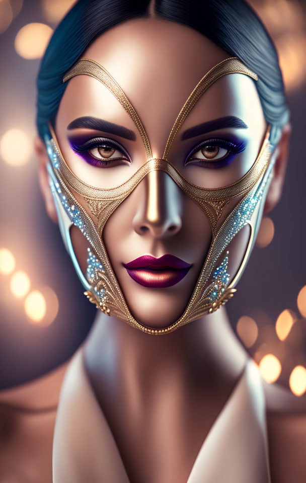Blue-haired woman in ornate gold mask with jewels on bokeh light background