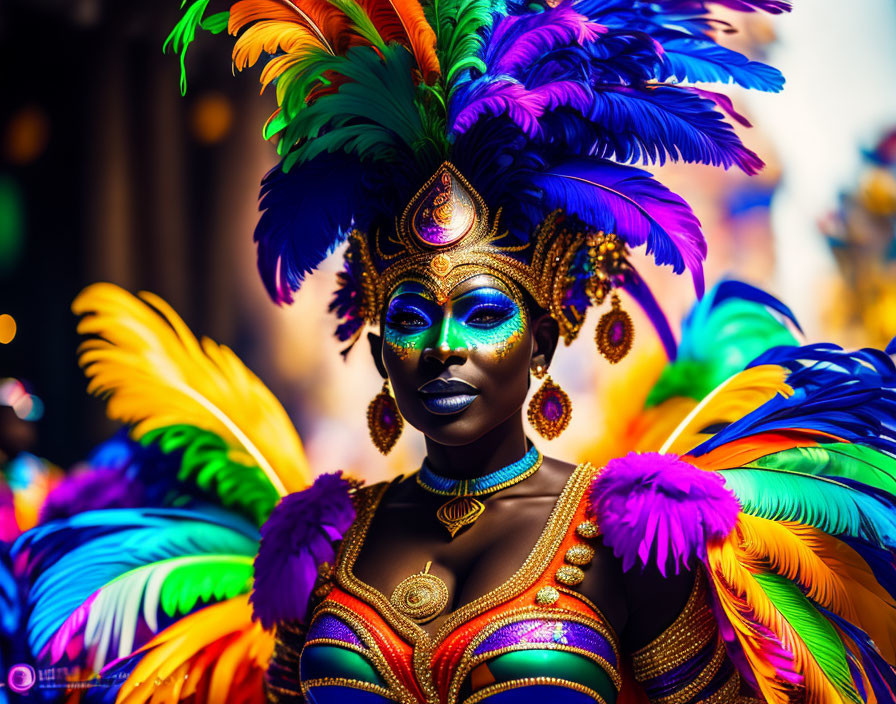 Colorful Carnival Attire with Feather Headdress and Face Paint