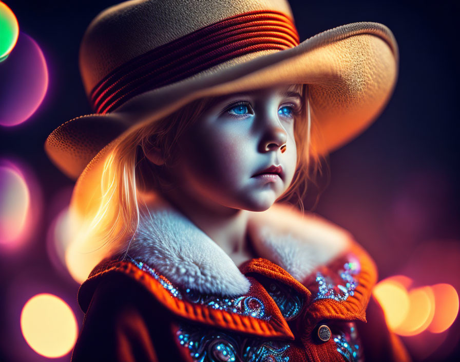 Child with Blue Eyes in Hat and Fur Coat Against Colorful Bokeh Background