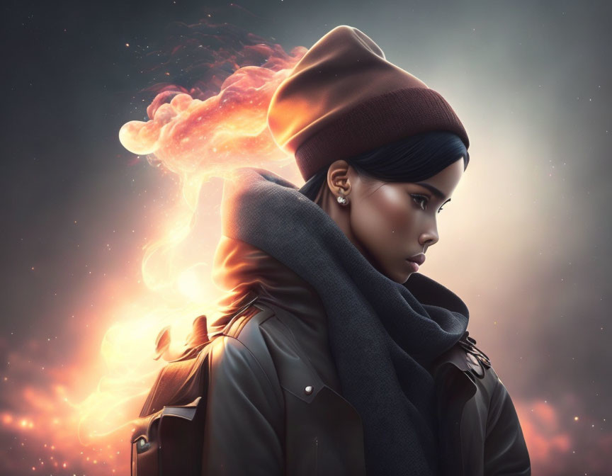 Stylized portrait of woman with fiery beanie explosion in calm expression