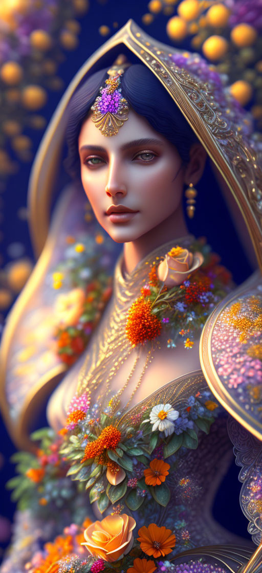 Blue-skinned female figure in gold jewelry on purple backdrop