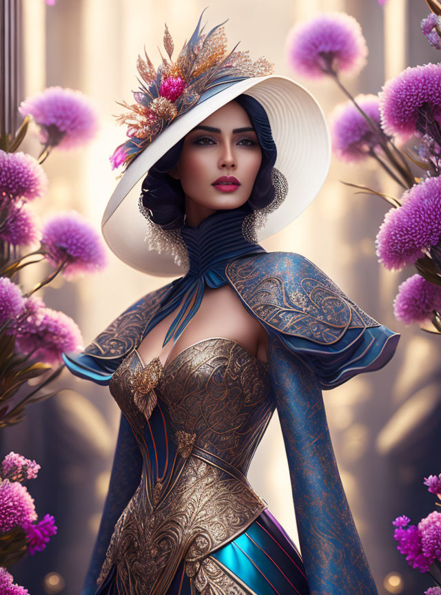 Woman in Blue and Gold Dress with Feathered Hat Surrounded by Purple Flowers