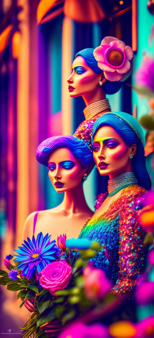Colorful mannequins with blue hair, flowers, and glittery attire on warm backdrop