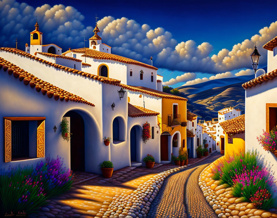 Scenic village painting with white-washed buildings & terracotta roofs