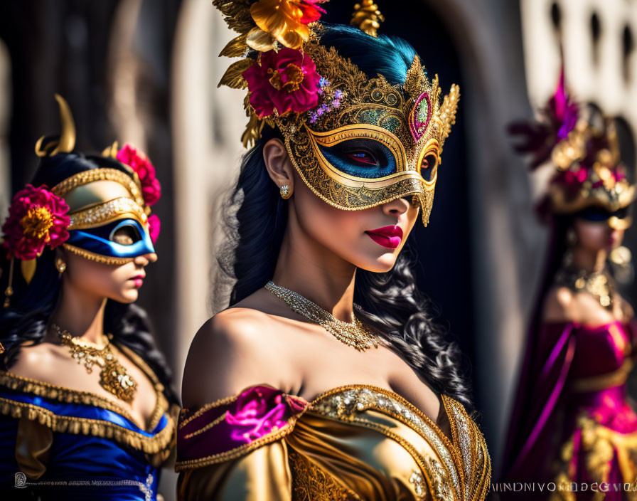 Three Women in Ornate Carnival Masks and Vibrant Costumes in Play of Light and Shadow