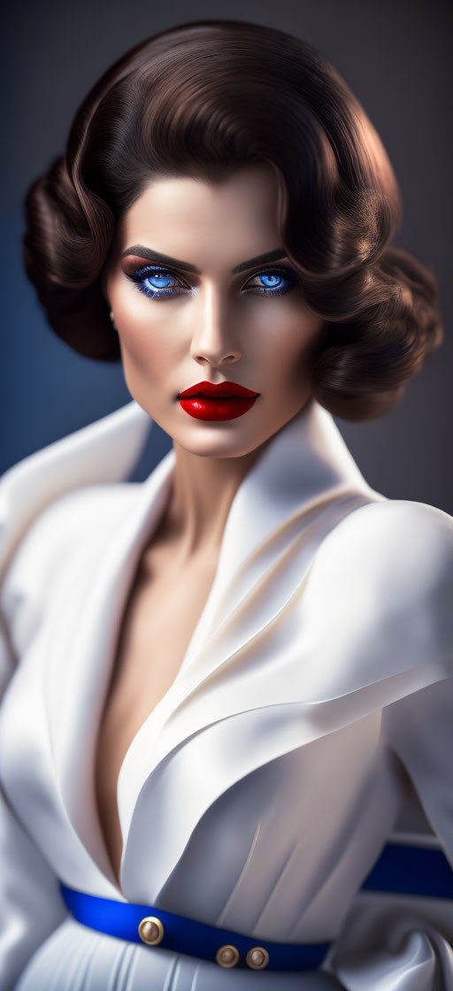 Vintage Style Woman Illustration: Blue Eyeshadow, Red Lips, White Outfit