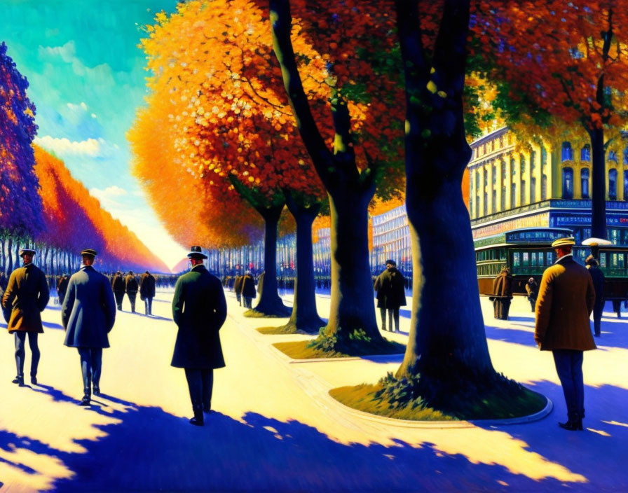 Colorful painting of people walking on tree-lined boulevard with autumn foliage and classical architecture under blue sky