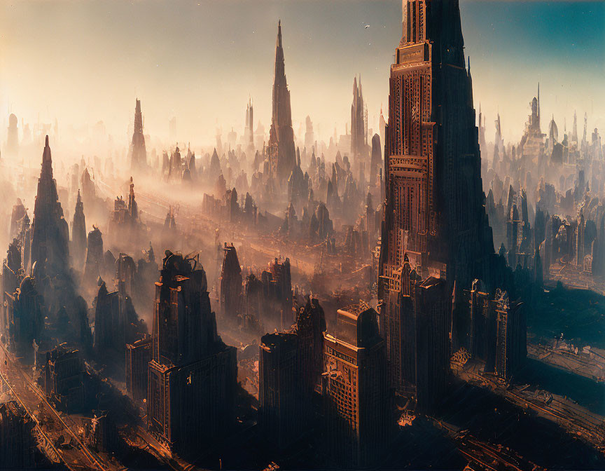 Futuristic sunrise cityscape with towering skyscrapers and beams of light