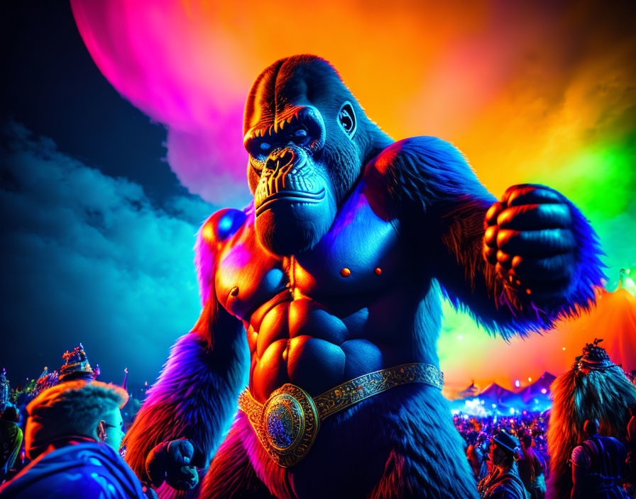 Colorful stylized gorilla roaring under neon sky with onlookers' silhouettes