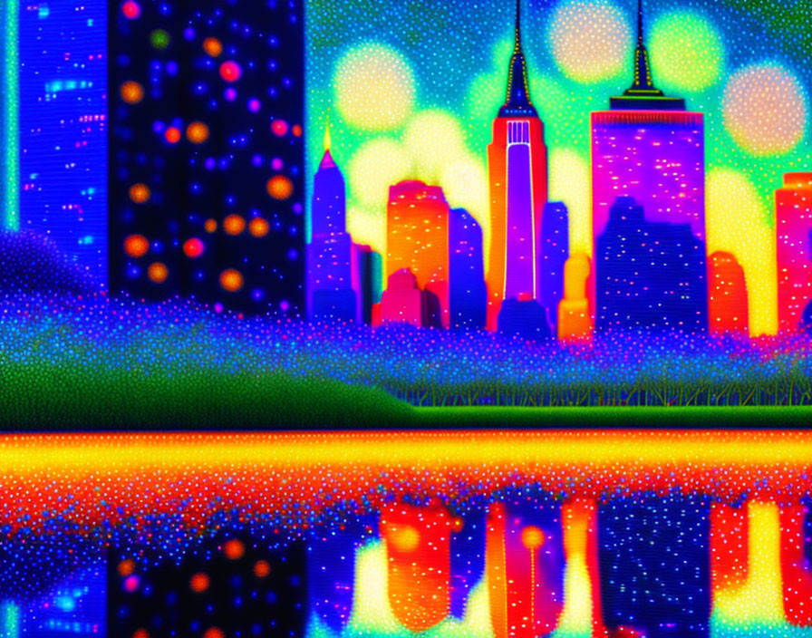 Pixelated cityscape at night: skyscrapers, colorful lights, water reflections