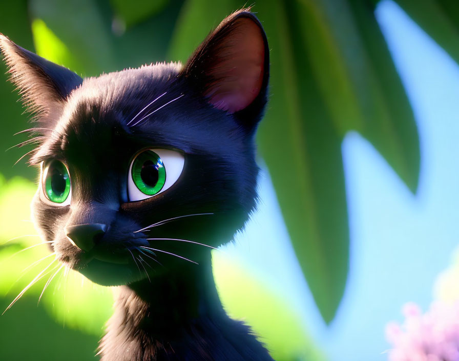 Vibrant green-eyed black cat in 3D animation surrounded by green leaves and magenta flowers