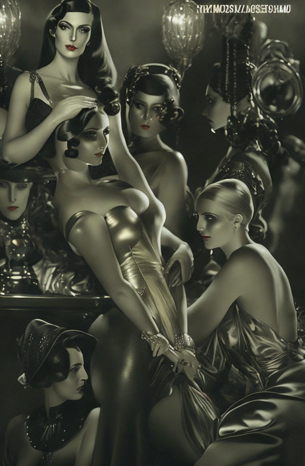 Stylized black and white image of glamorous women in 1920s attire