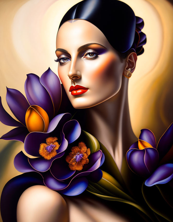 Woman with Sleek Bun and Gold Earrings Poses with Purple Flowers