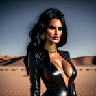 Dark-haired woman in black leather outfit poses in desert landscape