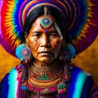 Traditional Face Paint and Colorful Headdress on Woman Against Golden Background