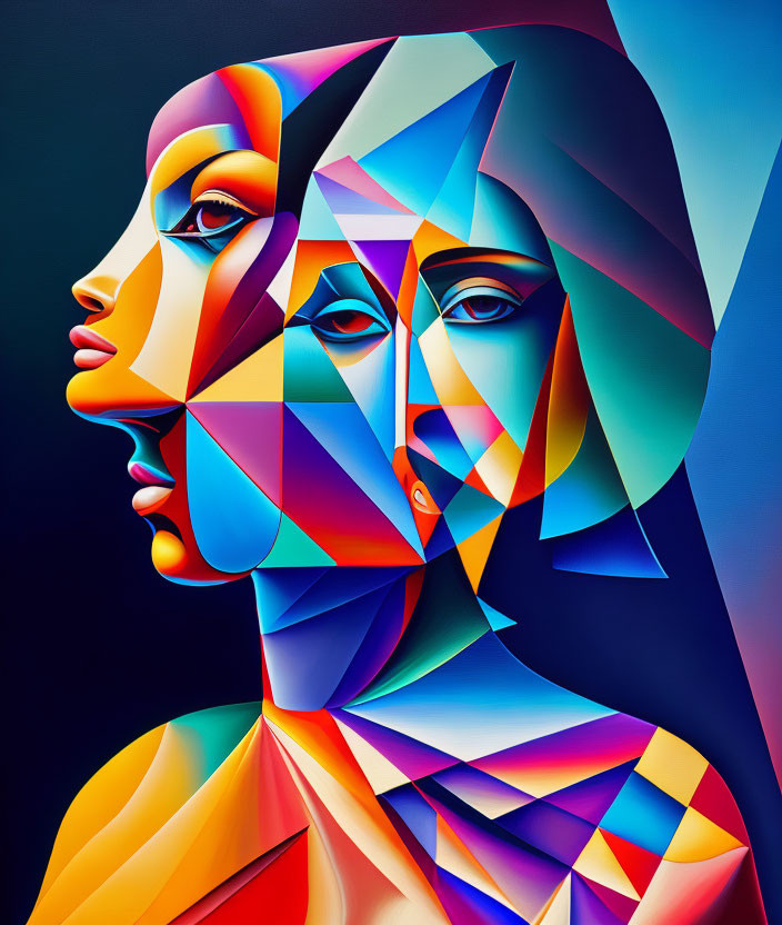 Vibrant Cubist-style Abstract Portrait of Female Figure