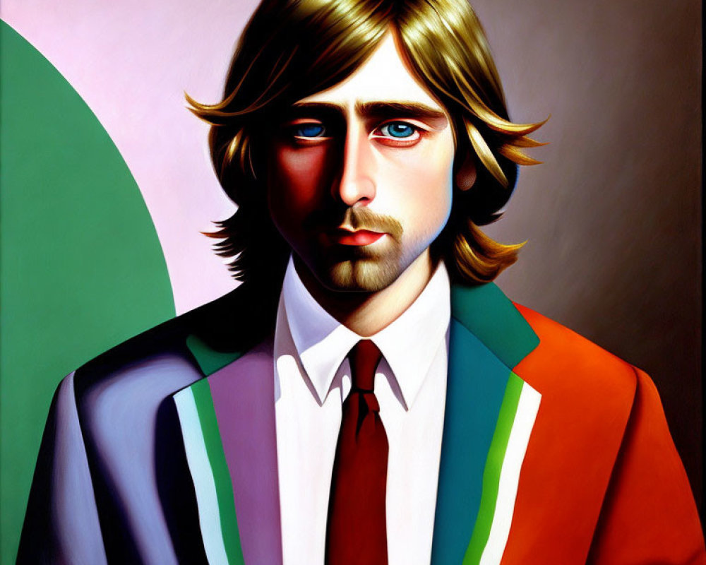 Colorful portrait of man with shoulder-length hair and beard in multicolored striped suit.