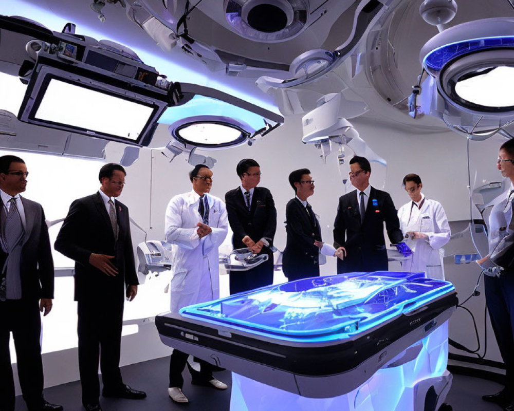Professionals in Suits and Lab Coats around High-Tech Surgical Table