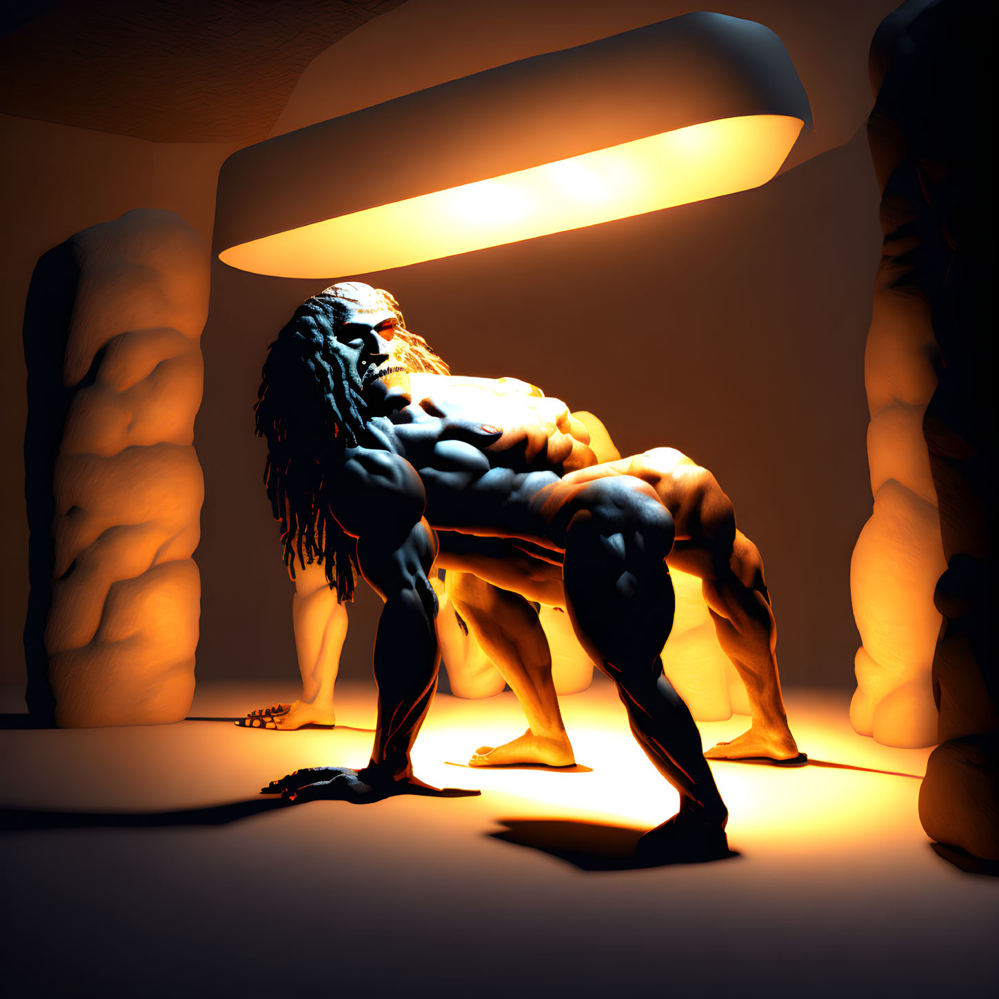 Muscular Figure Poses Dramatically in Warm Lighting with Abstract Shapes