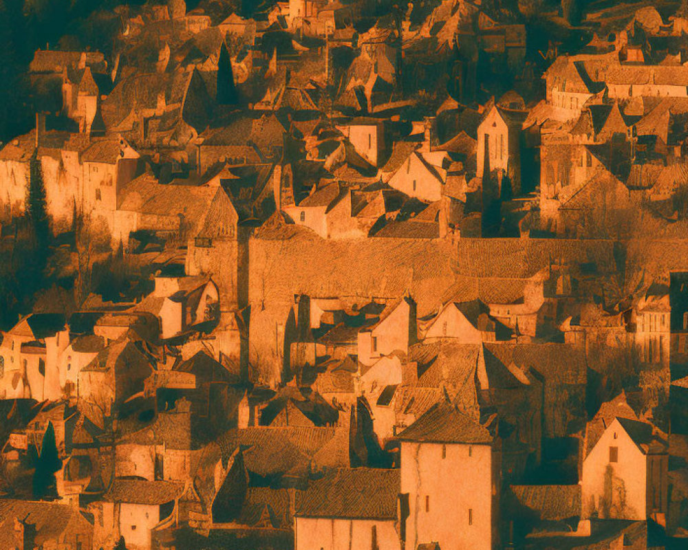 Sepia-Toned Image of Old Village with Traditional Architecture at Golden Hour