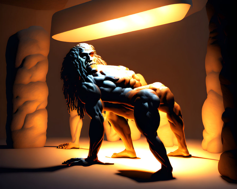 Muscular Figure Poses Dramatically in Warm Lighting with Abstract Shapes