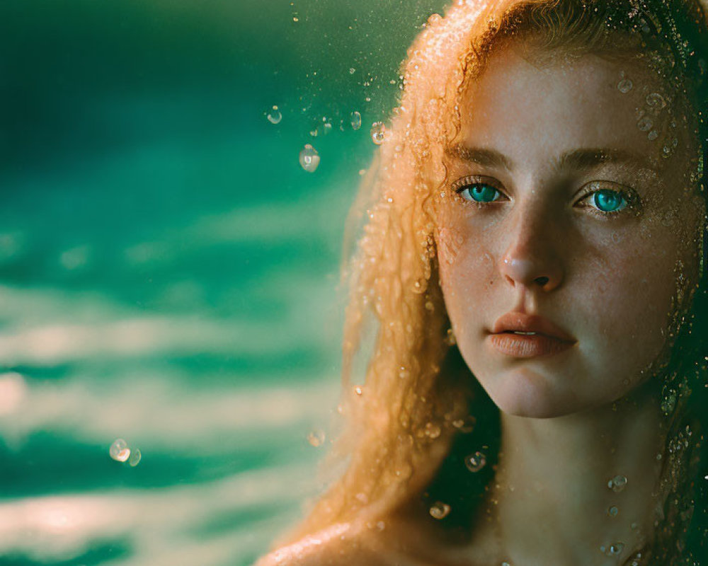 Sunlit young woman with water droplets on skin, blurred aquatic background