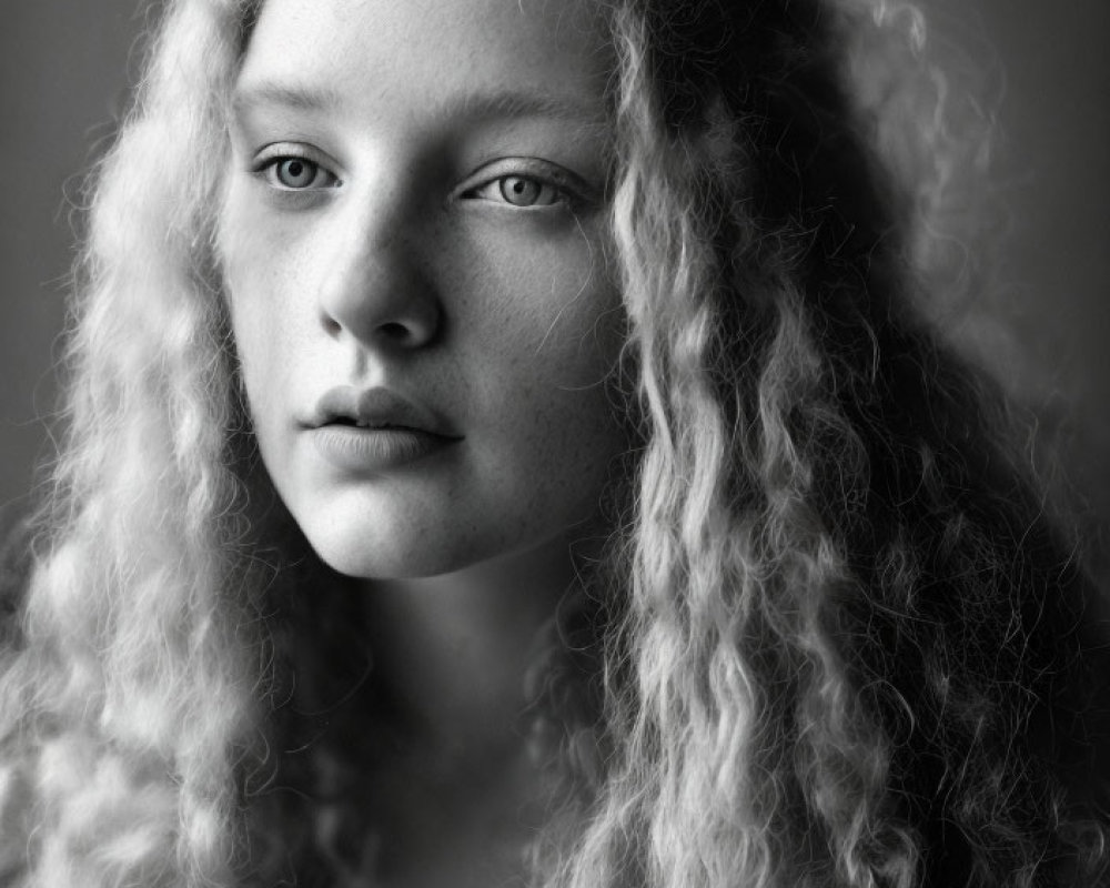 Monochrome portrait of person with curly hair in soft background