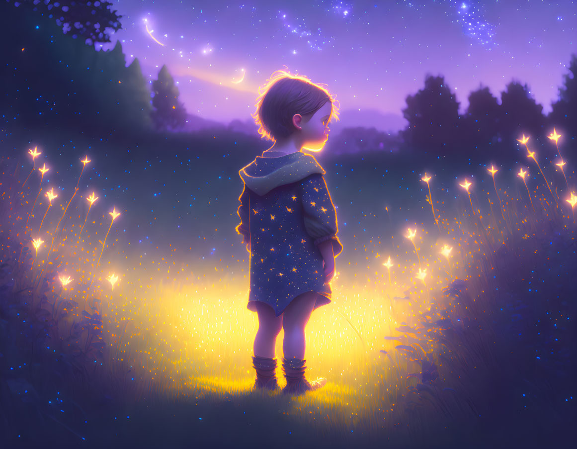 Child in star-patterned coat surrounded by glowing flowers under starry night sky with shooting star.