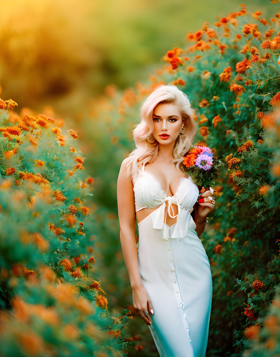 Blonde Woman in White Dress Surrounded by Orange Flowers