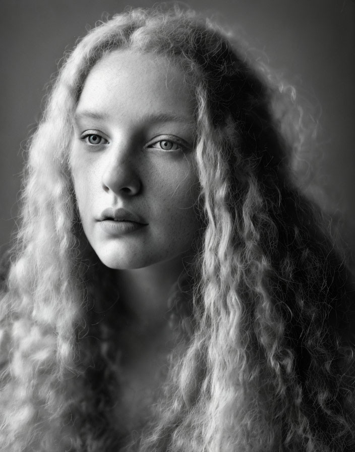 Monochrome portrait of person with curly hair in soft background