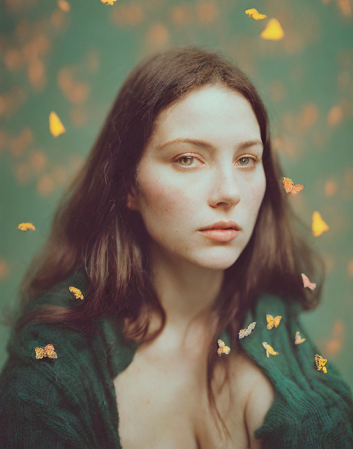 Dark-haired woman with golden butterflies on green backdrop