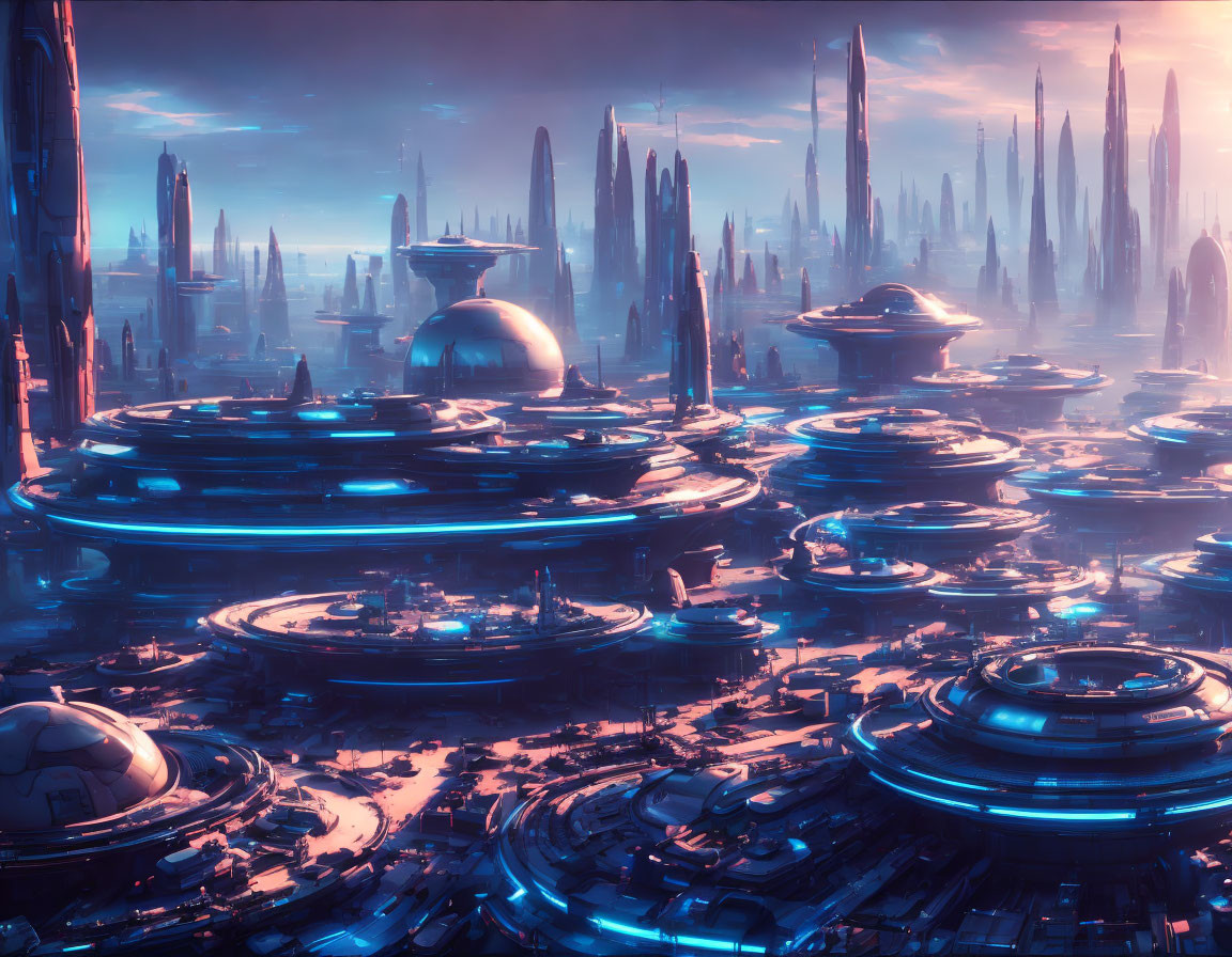 Futuristic cityscape with towering skyscrapers and circular buildings