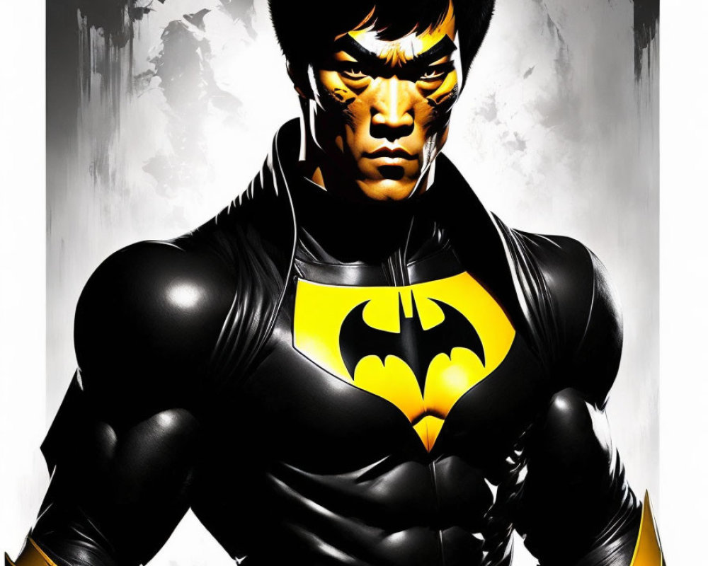 Muscular male superhero with bat symbol, intense eyes, black hair, and white background