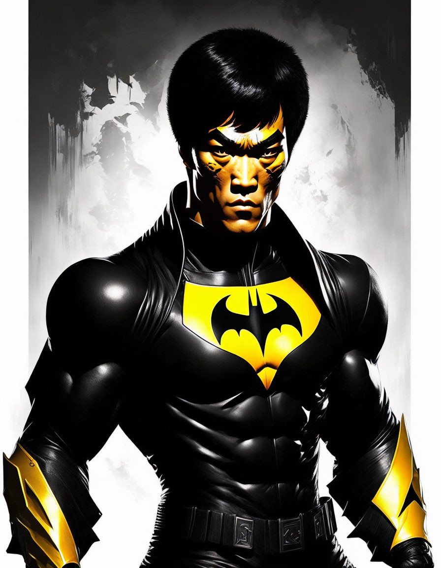 Muscular male superhero with bat symbol, intense eyes, black hair, and white background