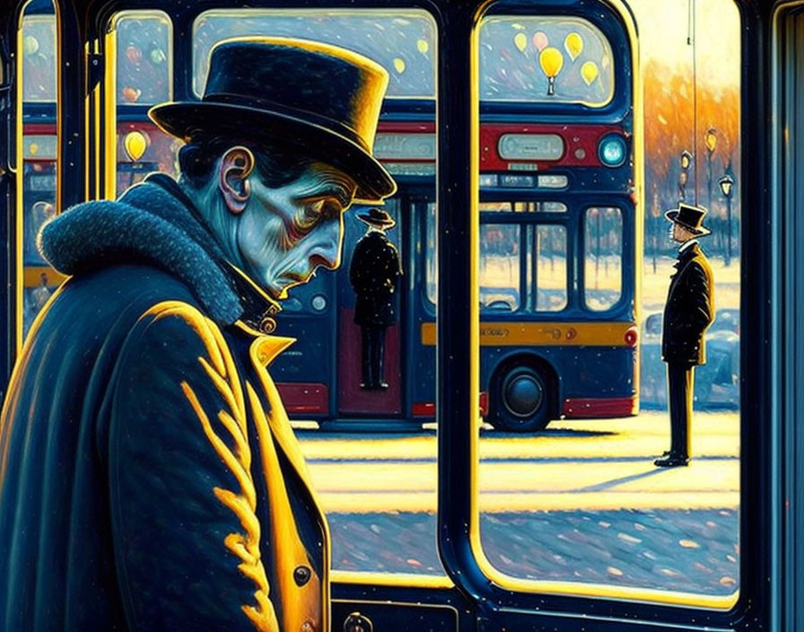 Stylized painting of man in hat and coat looking out tram window at another man with vintage bus