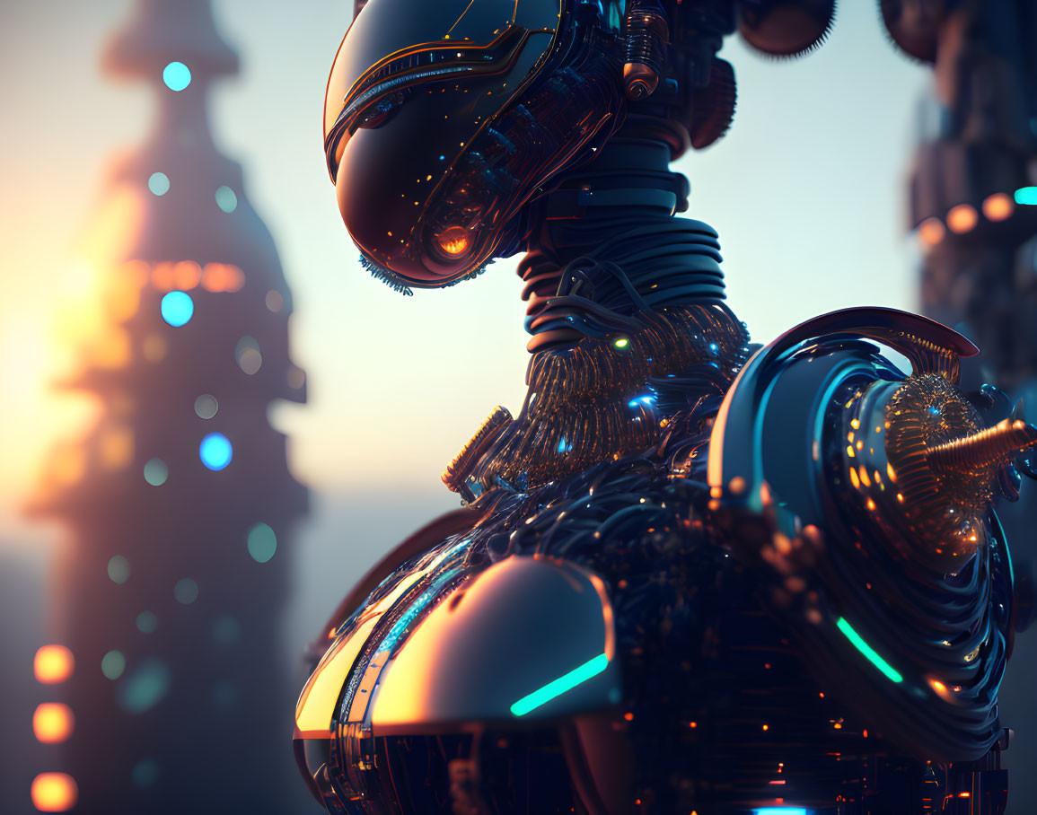 Detailed futuristic robot with glowing blue accents against blurred lights